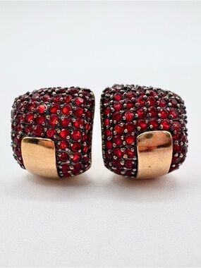 Red Crystal Pave Square Huggie Hoop Earrings Gold Tone Modern Chic Red Carpet